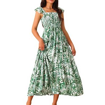 Women's Summer Boho Smocked Beach Dresses Square Neck Sleeveless Ruffle Floral Flowy Tiered Maxi