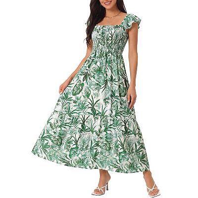 princess polly baby blue dress Women's Summer Boho Smocked Beach Dresses Square Neck Sleeveless Ruffle  Floral Flowy Tiered Maxi