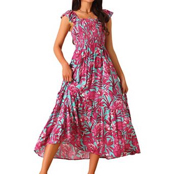 Women's Summer Boho Smocked Beach Dresses Square Neck Sleeveless Ruffle Floral Flowy Tiered Maxi