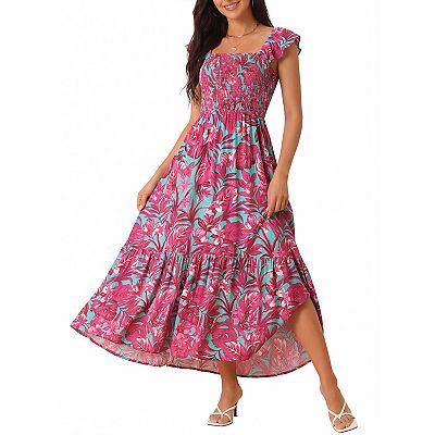 chinese dress ladies Boho Summer Beach Maxi Dress – Sleeveless Ruffle A-Line Long Dress in Coral | Women's Boho Fashion | M