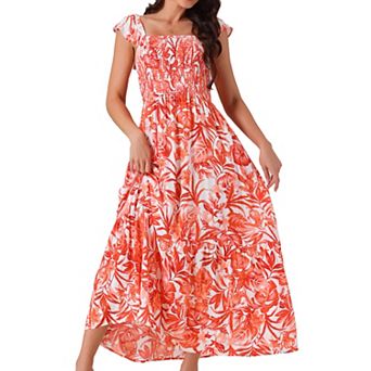 Women's Summer Boho Smocked Beach Dresses Square Neck Sleeveless Ruffle Floral Flowy Tiered Maxi