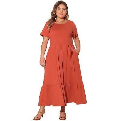 Plus Size Dresses For Women Short Sleeve Crew Neck Basic Swing Flowy Summer Maxi T-shirt Dress