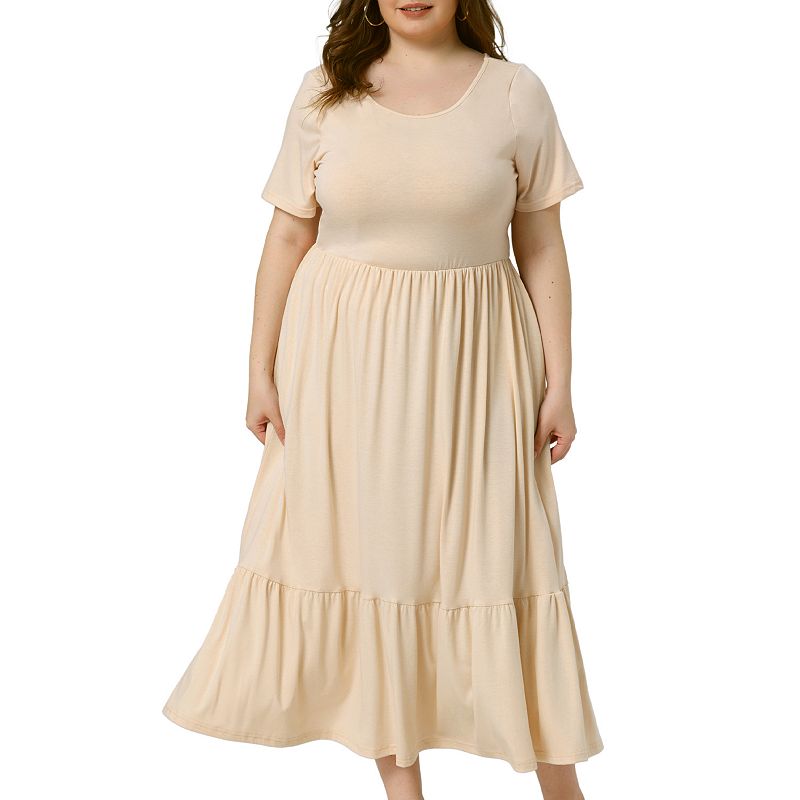 beige plus size dresses For Women Short Sleeve Crew Neck Basic Swing Flowy Summer Maxi T-shirt Dress The Plus Size Dress Girl 2022 Acme Clayten Dresser with Color:CORAL PALM BEACH