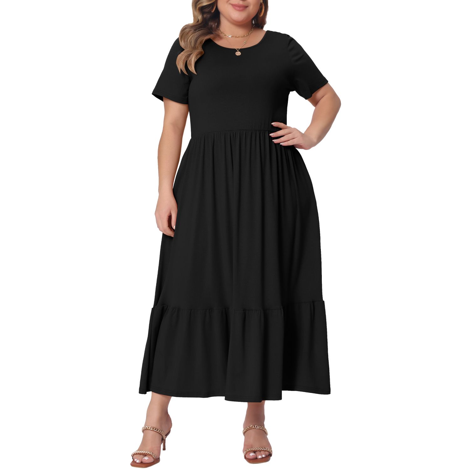 Agnes Orinda Women's Plus Size Short Sleeve Crew Neck Basic Swing Flowy Ruffle Maxi A Line Dresses Black 2x Plus Size Dresses for Women Short Sleeve Crew Neck Basic Swing Flowy Summer  Maxi T-Shirt Dress