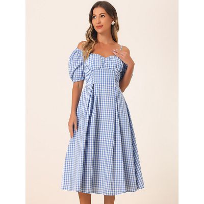 Women's Vintage Gingham Dress Spaghetti Straps Off Shoulder Swing Plaid  Dresses