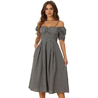 Women's Vintage Gingham Dress Spaghetti Straps Off Shoulder Swing Plaid Dresses