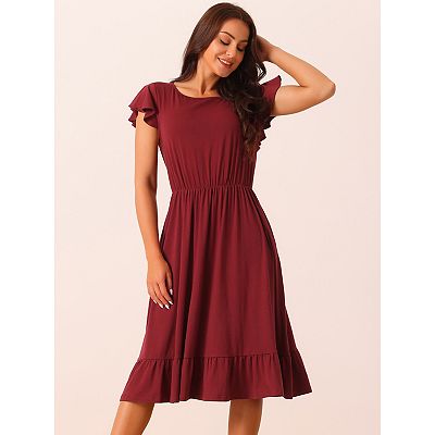 Women's Summer Casual Dress With Pockets Flutter Short Sleeve Crew Neck  Ruffle Hem Midi Dress