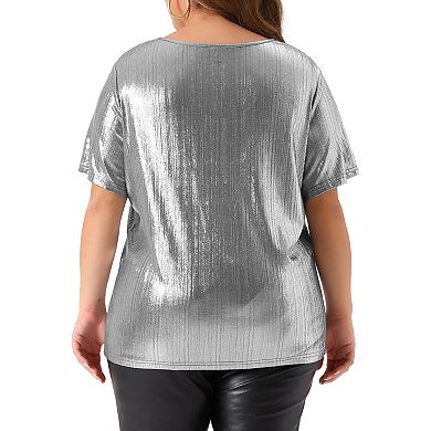 Plus Size Top For Women Keyhole Metallic Round Neck Short Sleeve T Shirt Party Blouses Tee Tops
