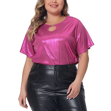 Plus Size Top For Women Keyhole Metallic Round Neck Short Sleeve T Shirt Party Blouses Tee Tops
