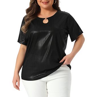 Plus Size Top for Women Keyhole Metallic Round Neck Short Sleeve T Shirt Party Blouses Tee Tops