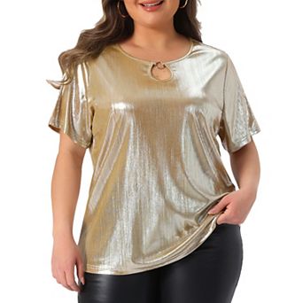 Plus Size Top for Women Keyhole Metallic Round Neck Short Sleeve T Shirt Party Blouses Tee Tops