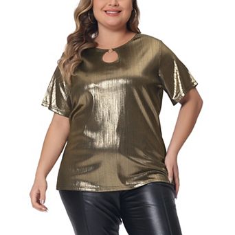 Plus Size Top For Women Keyhole Metallic Round Neck Short Sleeve T Shirt Party Blouses Tee Tops
