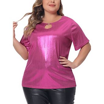 Plus Size Top For Women Keyhole Metallic Round Neck Short Sleeve T Shirt Party Blouses Tee Tops