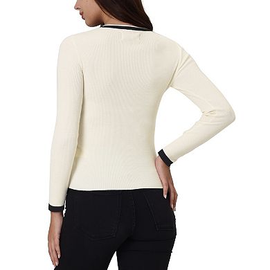 Women's Knit Top V Neck Contrast Color Long Sleeve Fitted Ribbed Tops