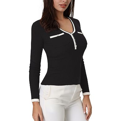Women's Knit Top V Neck Contrast Color Long Sleeve Fitted Ribbed Tops