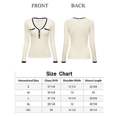 Women's Knit Top V Neck Contrast Color Long Sleeve Fitted Ribbed Tops