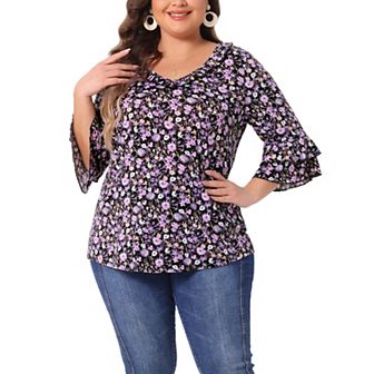 Plus Size Top For Women Floral Print V Neck Tiered Ruffle Bell Sleeve Blouse Shirt Top