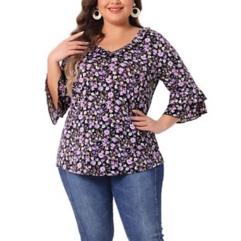 Plus Size Top for Women Floral Print V Neck Tiered Ruffle Bell Sleeve Blouse Shirt Top