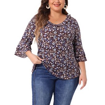 Plus Size Top For Women Floral Print V Neck Tiered Ruffle Bell Sleeve Blouse Shirt Top