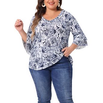 Plus Size Top for Women Floral Print V Neck Tiered Ruffle Bell Sleeve Blouse Shirt Top