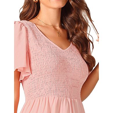 Women's Flowy Chiffon Dresses Summer Smocked V Neck Flutter Short Sleeve Ruffle Casual Mini Dress