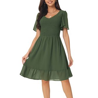 Women's Flowy Chiffon Dresses Summer Smocked V Neck Flutter Short Sleeve Ruffle Casual Mini Dress