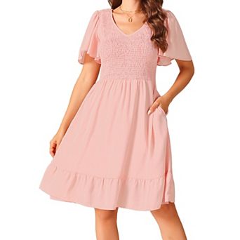 Women's Flowy Chiffon Dresses Summer Smocked V Neck Flutter Short Sleeve Ruffle Casual Mini Dress