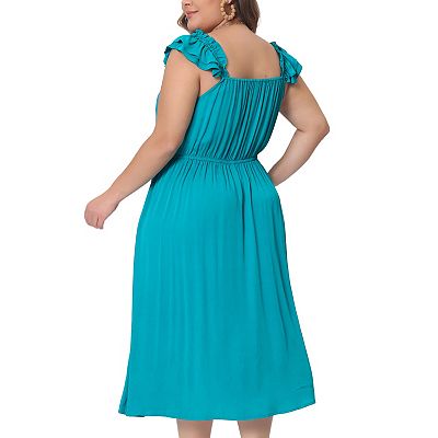 Plus Size Dress For Women Ruffle Cap Sleeve Shirred Waist A Line Beach Sun  Dresses