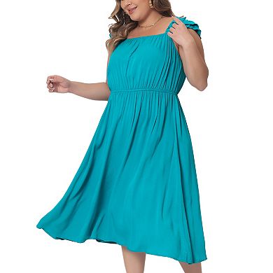 Plus Size Dress For Women Ruffle Cap Sleeve Shirred Waist A Line Beach Sun Dresses