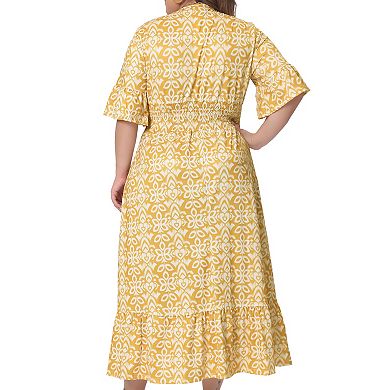 Women's Plus Size Bell Sleeve Ruffled Hem V Neck Boho A Line Long Dresses