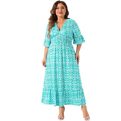 Women's Plus Size Bell Sleeve Ruffled Hem V Neck Boho A Line Long Dresses