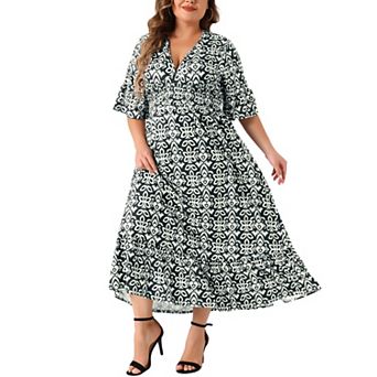 Women's Plus Size Bell Sleeve Ruffled Hem V Neck Boho A Line Long Dresses