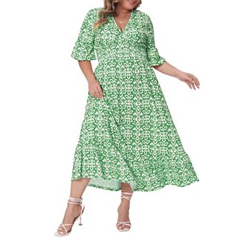 Women's Plus Size Bell Sleeve Ruffled Hem V Neck Boho A Line Long Dresses