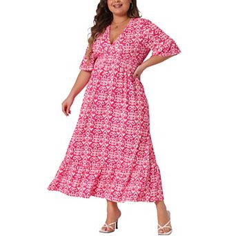 Women's Plus Size Bell Sleeve Ruffled Hem V Neck Boho A Line Long Dresses