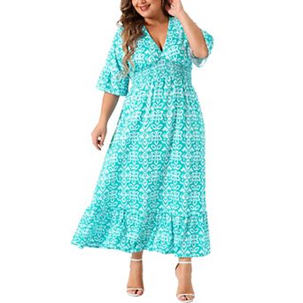 Women's Plus Size Bell Sleeve Ruffled Hem V Neck Boho A Line Long Dresses