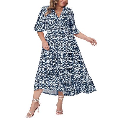Plus Size Dress for Women Bell Sleeve Ruffled Hem V Neck Short Sleeve Boho a Line Long Dresses
