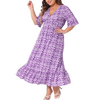 Women's Plus Size Bell Sleeve Ruffled Hem V Neck Boho A Line Long Dresses