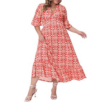 Women's Plus Size Bell Sleeve Ruffled Hem V Neck Boho A Line Long Dresses