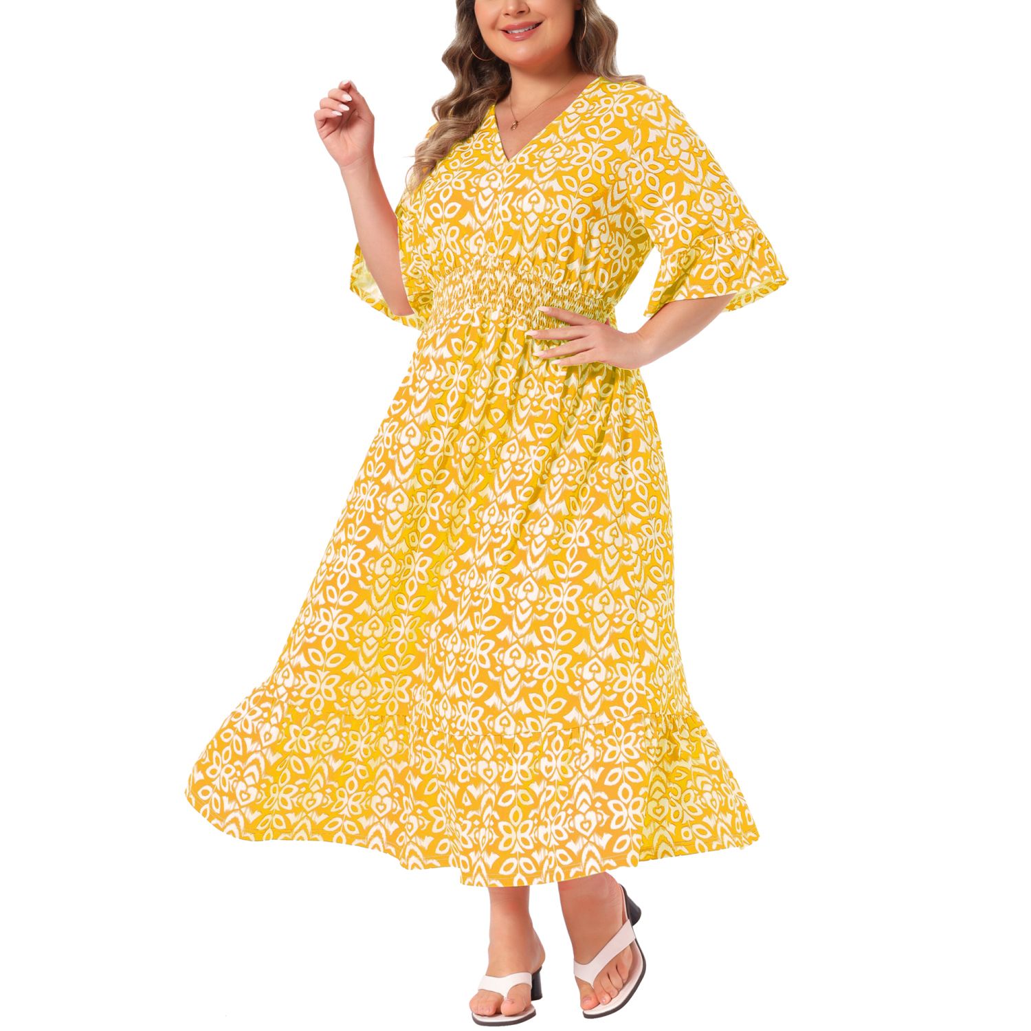 Женские платья Plus Size Bell Sleeve Ruffled Hem V Neck Boho A Line Long Dresses