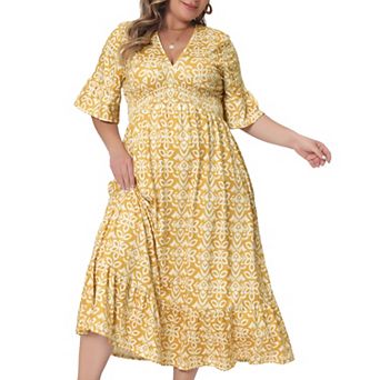 Women's Plus Size Bell Sleeve Ruffled Hem V Neck Boho A Line Long Dresses