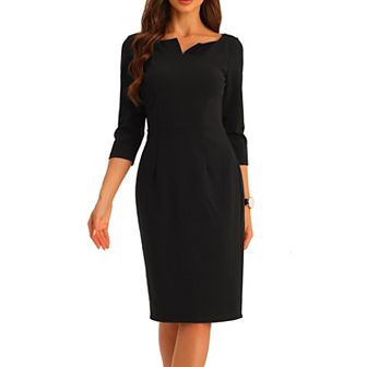Notch V Neck Dress For Women 3/4 Sleeve Work Office Business Midi Dresses