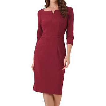 Notch V Neck Dress For Women 3/4 Sleeve Work Office Business Midi Dresses