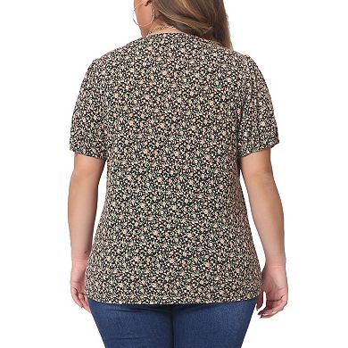 Plus Size Tops For Women Notched V Neck Short Sleeve Casual Floral Printed Blouse Tops