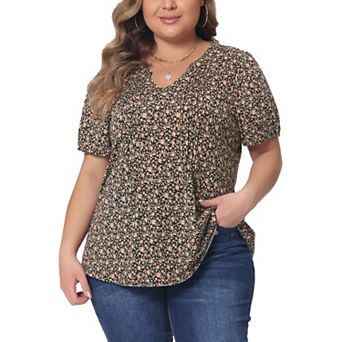 Plus Size Tops For Women Notched V Neck Short Sleeve Casual Floral Printed Blouse Tops