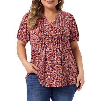 Plus Size Tops for Women Notched V Neck Short Sleeve Casual Floral Printed Blouse Tops