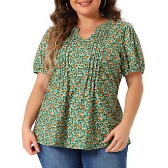 Plus Size Tops For Women Notched V Neck Short Sleeve Casual Floral Printed Blouse Tops