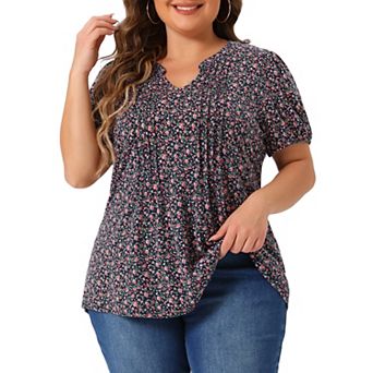 Plus Size Tops for Women Notched V Neck Short Sleeve Casual Floral Printed Blouse Tops