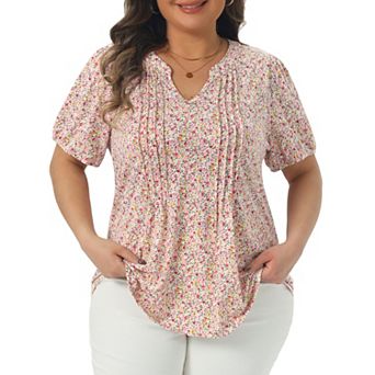 Plus Size Tops for Women Notched V Neck Short Sleeve Casual Floral Printed Blouse Tops