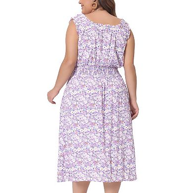 Plus Size Dress For Women Square Neck Sleeveless Floral Flowy Stretchy Waist 2023 Midi Dresses