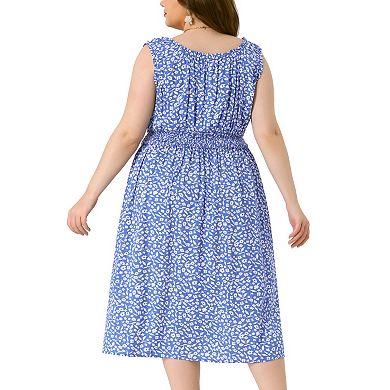 Women's Plus Size Square Neck Sleeveless Floral Flowy Stretchy Waist Midi Dresses
